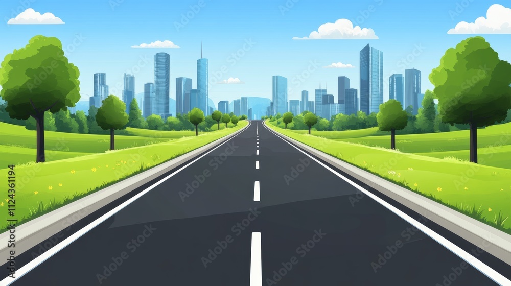 Fototapeta premium City and roads background illustration concept. Public park and town with sky background.Beautiful nature scene with road to city.