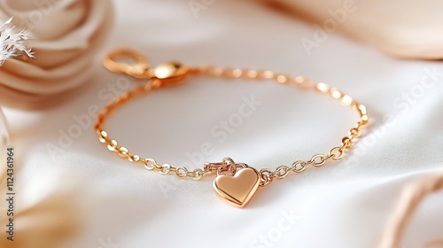 Elegant gold heart bracelet on soft fabric background. The 14th of February. Happy Valentine's Day