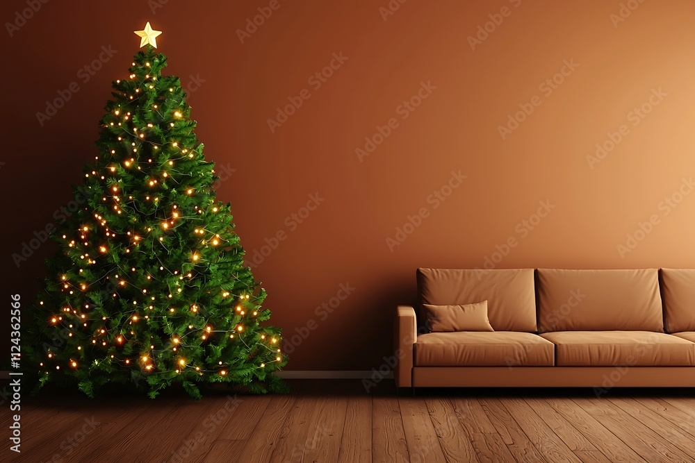 Christmas sale limited-time concept. A cozy living room featuring a beautifully decorated Christmas tree with lights and a star, alongside a comfortable sofa against a warm wall. Christmas sale limited-time concept. A cozy living room featuring a beautifully decorated Christmas tree with lights and a star, alongside a comfortable sofa against a warm wall.