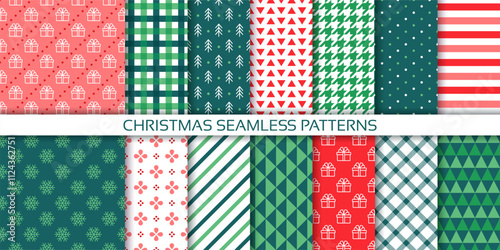 Christmas backgrounds. Seamless patterns. Xmas wrapping papers. Set red green textures. Wallpapers with gift box, snowflake, tree, stripes, triangle, polka dot. Noel prints. Vector illustration