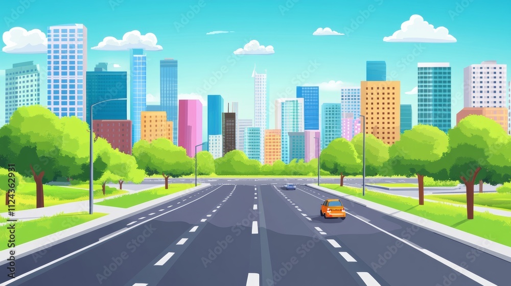 Fototapeta premium City and roads background illustration concept. Public park and town with sky background.Beautiful nature scene with road to city.