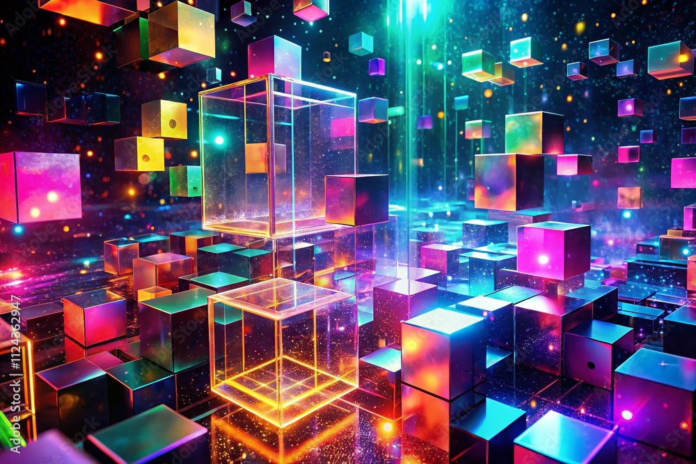 Abstract Neon Cubes, Digital Space, Glowing Particles, Futuristic, High Resolution Abstract Neon Cubes, Digital Space, Glowing Particles, Futuristic, High Resolution