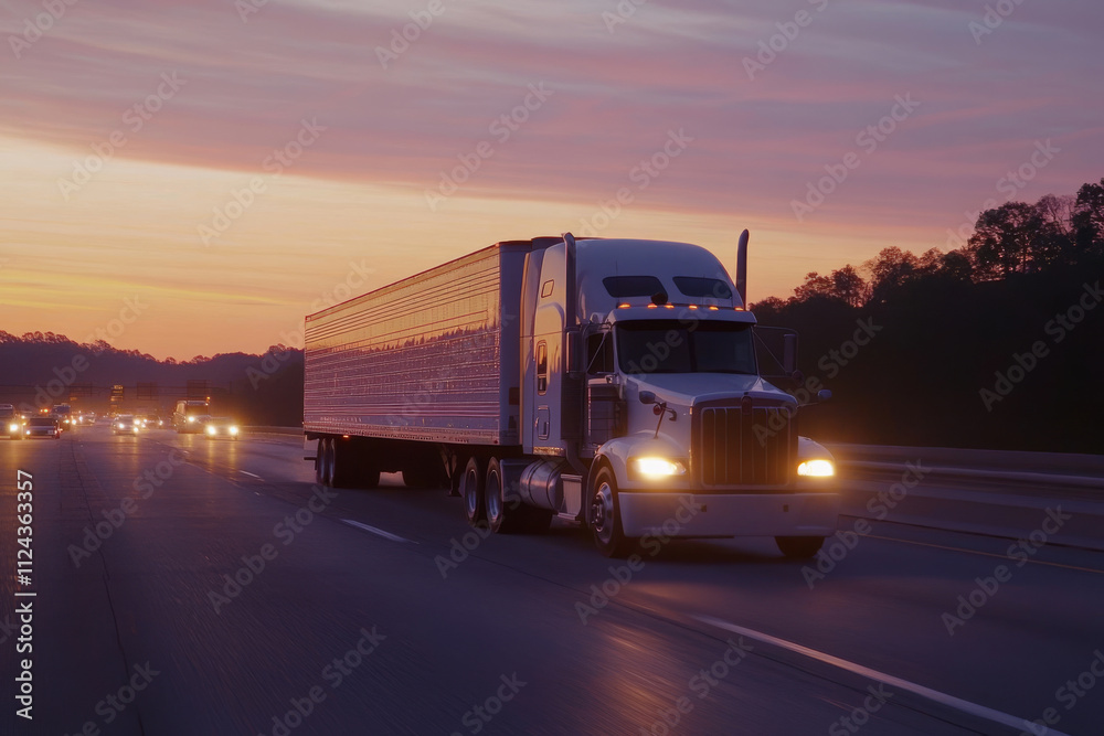 Semi truck with trailer driving on highway road at sunset. Concept of commercial freight transportation and logistics Semi truck with trailer driving on highway road at sunset. Concept of commercial freight transportation and logistics