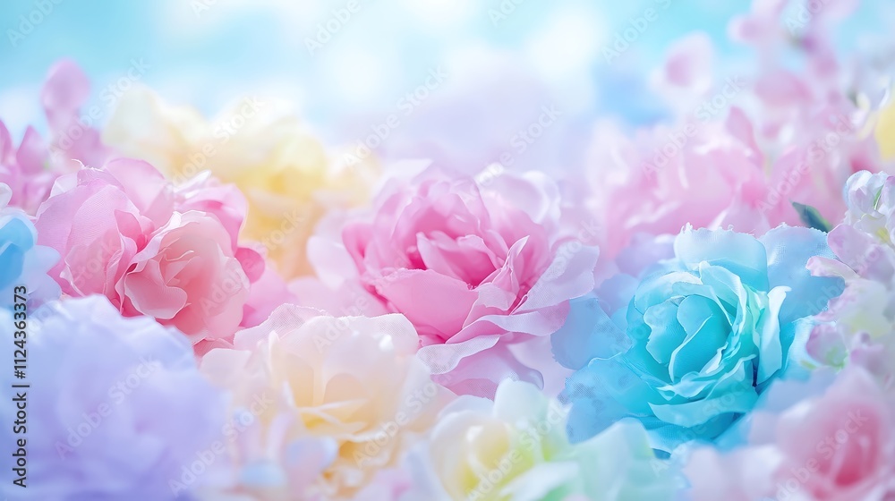 Obraz premium A picturesque garden alive with the colors of diverse floral arrangements, softly blurred to highlight romantic elements in the foreground, creating an enchanting backdrop for fashion or beauty