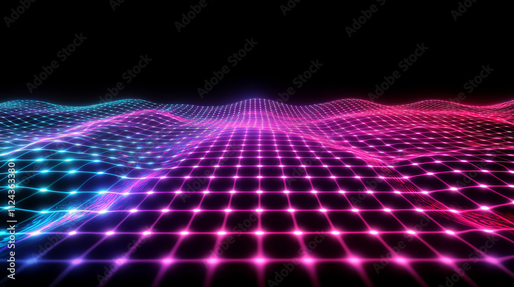 Abstract background with neon colored digital waves and grid pattern. Concept of technology and data flow Abstract background with neon colored digital waves and grid pattern. Concept of technology and data flow