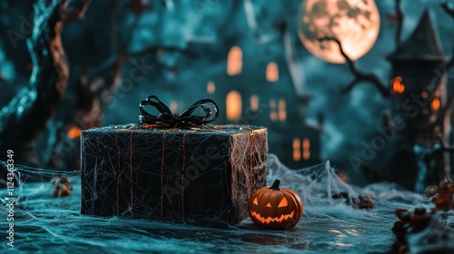 Haunting Halloween Scene with Jack-o'-Lantern and Gift Box