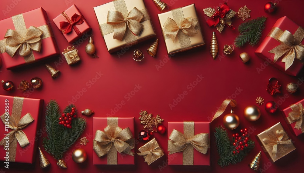 Obraz premium Festive Background with Red Presents - Wallpaper with space for copy - Giftboxes and Decoration - Christmas luxury themed - Confetti, Ribbons, Stars and Ornaments - Black Friday, Valentine, Sale