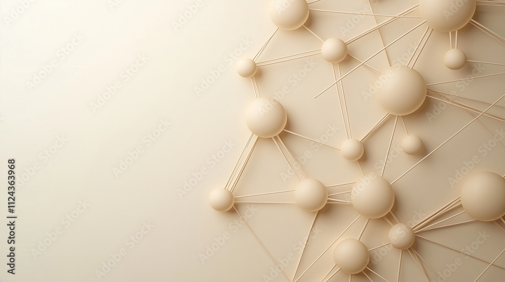 Obraz premium Interconnected glowing nodes forming a web-like structure on a minimalist abstract background, with soft gradients and a spacious area for copy on the left, symbolizing innovation