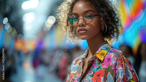 Confident young woman with curly hair and glasses poses outdoors in a colorful setting.