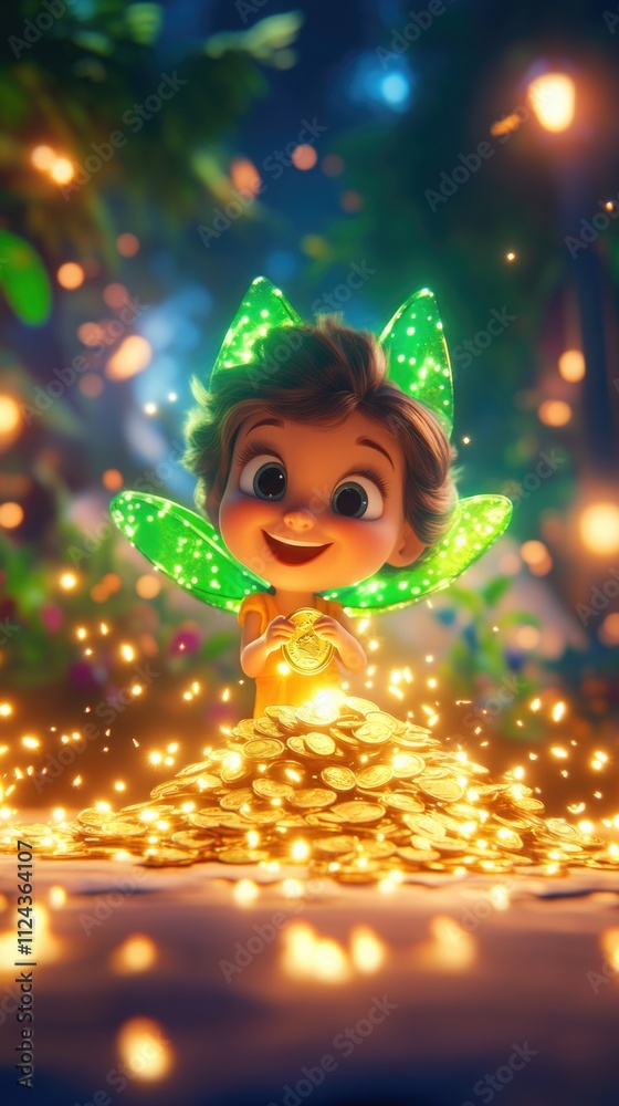 Enchanting fairy child with glowing wings in magical forest at night. The tooth fairy. The concept of pediatric dentistry, dental treatment Enchanting fairy child with glowing wings in magical forest at night. The tooth fairy. The concept of pediatric dentistry, dental treatment