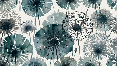 A seamless pattern of delicate blue-green dandelions on a cream background.