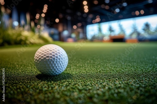 Golf ball resting on green turf in a modern indoor facility with ambient lighting and lush surroundings