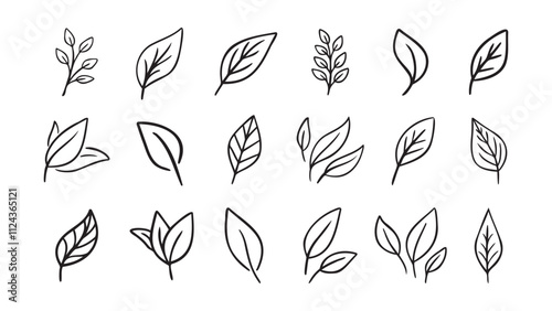 Hand drawn leaf eco set. Black line doodle leaf icons