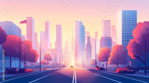 City and roads background illustration concept. Public park and town with sky background.Beautiful nature scene with road to city.