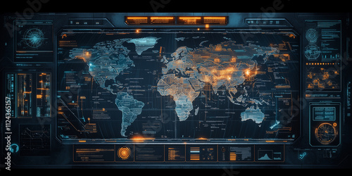 Global Surveillance Network: A futuristic, high-tech interface displaying a global network map