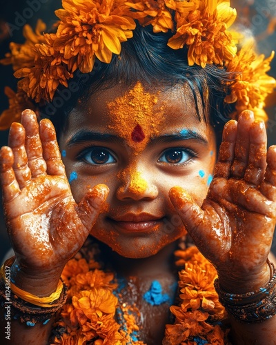 Celebrating festivals with colorful face paint india cultural portrait vibrant close-up photo