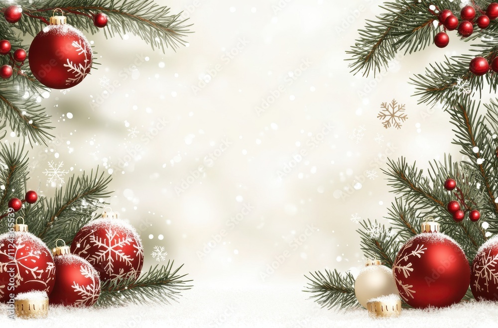 Festive Background with Red and Gold Ornaments, Snowflakes, and Evergreen Foliage Capturing the Spirit of Christmas and Winter Holidays Festive Background with Red and Gold Ornaments, Snowflakes, and Evergreen Foliage Capturing the Spirit of Christmas and Winter Holidays