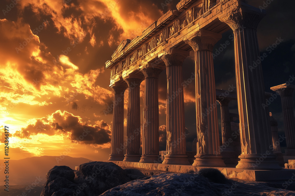 Obraz premium Ancient Greek Temple Silhouette at Sunset: Dramatic Sky and Historic Architecture
