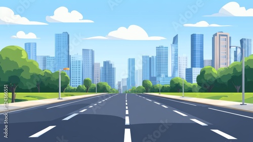 City and roads background illustration concept. Public park and town with sky background.Beautiful nature scene with road to city.