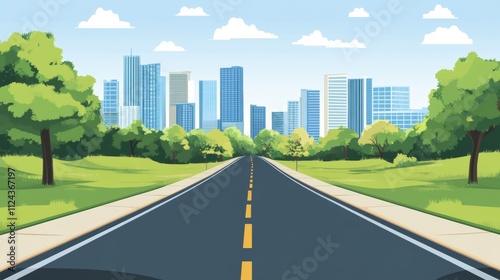 City and roads background illustration concept. Public park and town with sky background.Beautiful nature scene with road to city.