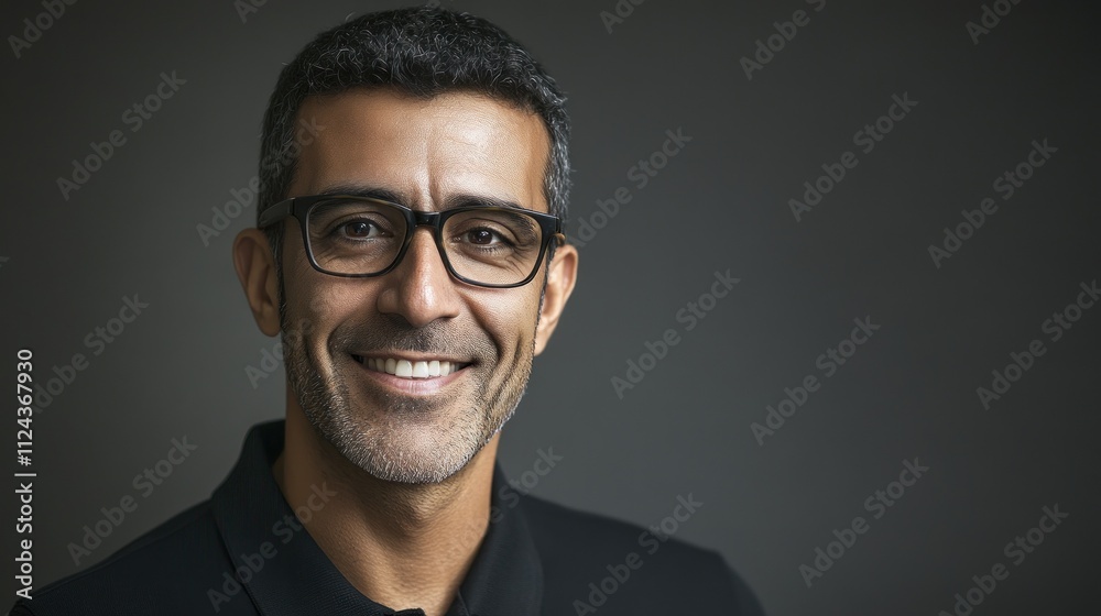 Fototapeta premium Smiling man in glasses posing in dark attire