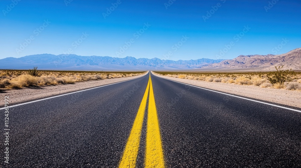 Naklejka premium Long Empty Highway in the Vast Desert Landscape