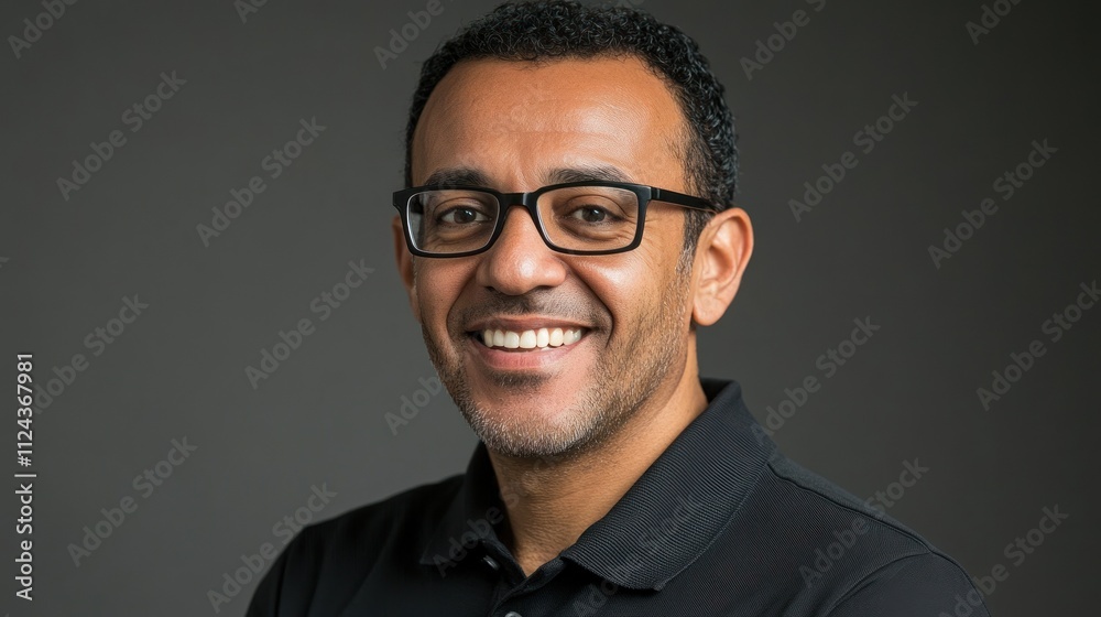 Fototapeta premium Happy professional in glasses and black attire image.