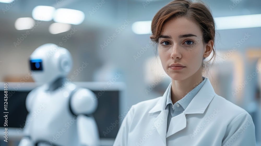 Fototapeta premium Female Scientist Engaged in Augmented Reality Research with AI Robot in Modern Laboratory Setting