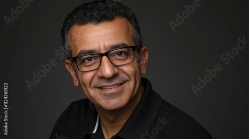 Portrait of smiling man wearing glasses with dark shirt