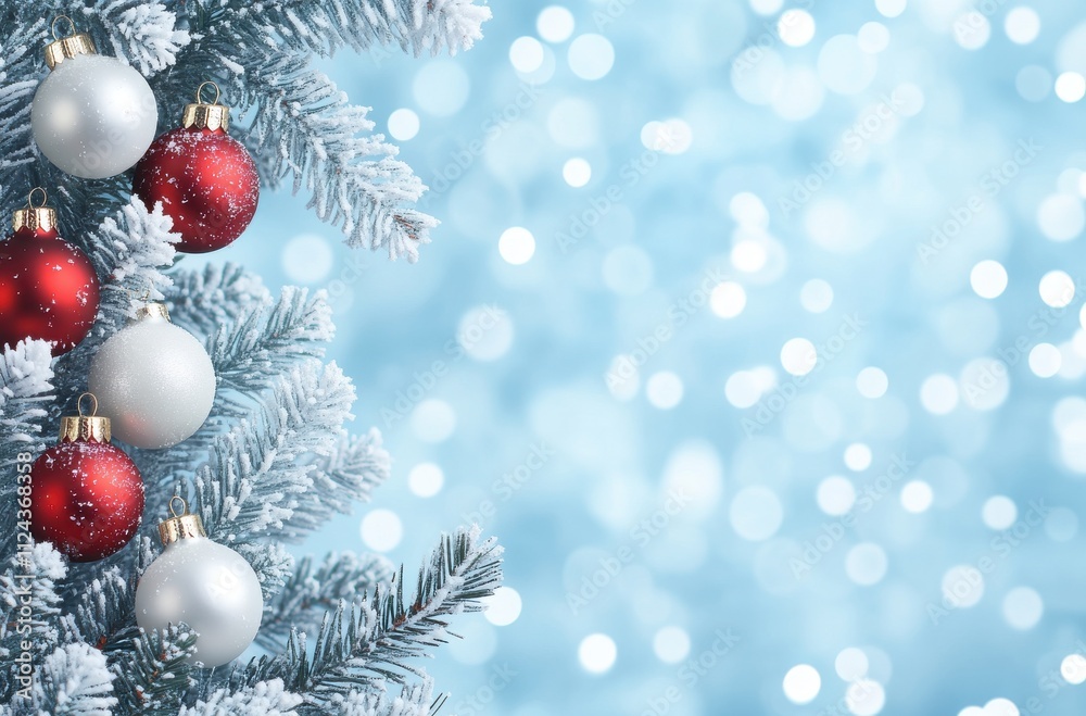 Festive Christmas Tree Branch Adorned with Red and White Ornaments Against a Soft Blue Bokeh Background Creating a Cheerful Holiday Atmosphere Festive Christmas Tree Branch Adorned with Red and White Ornaments Against a Soft Blue Bokeh Background Creating a Cheerful Holiday Atmosphere