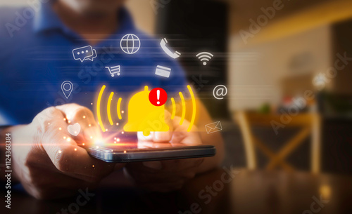 Man using smartphone with Notification bell button on app screen, Remote online alerts, home security signal.