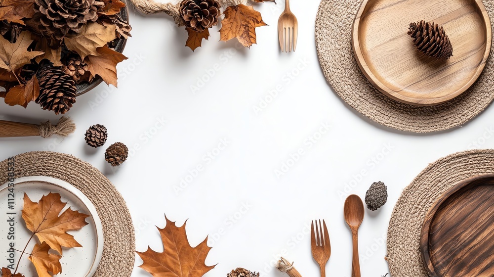 A set of wooden plates decorated with maple leaves, representing the autumn season. A set of wooden plates decorated with maple leaves, representing the autumn season.