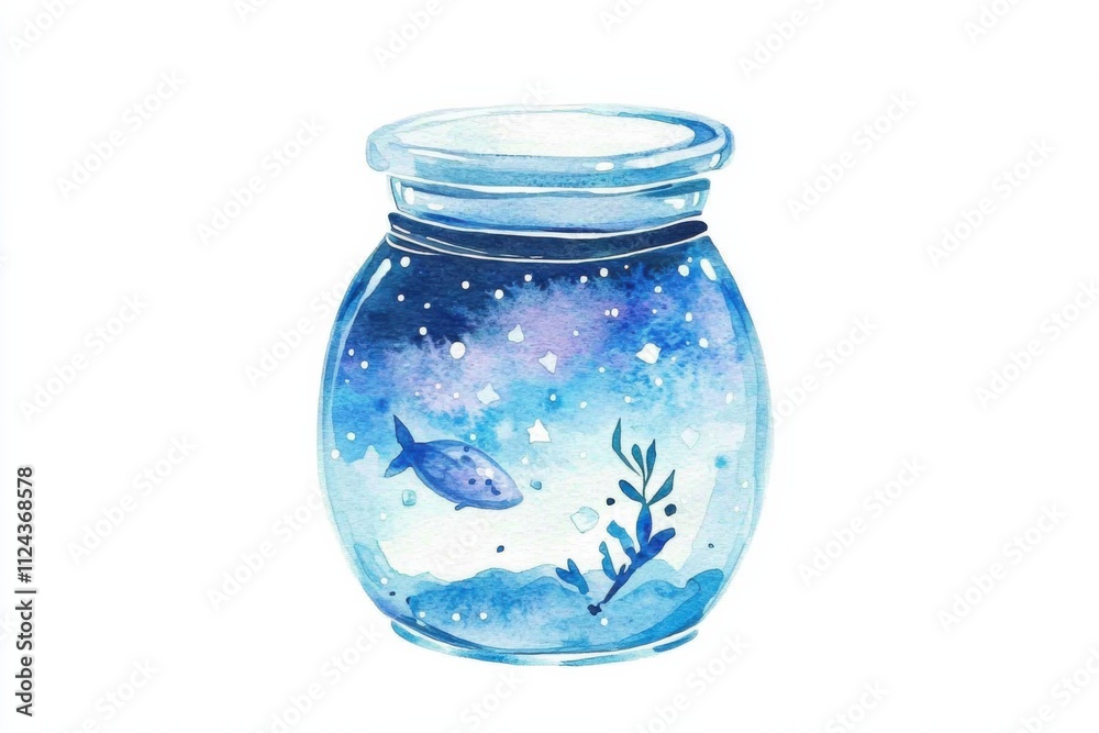 Whimsical watercolor fish in jar creative studio art illustration calm atmosphere close-up imagination unleashed