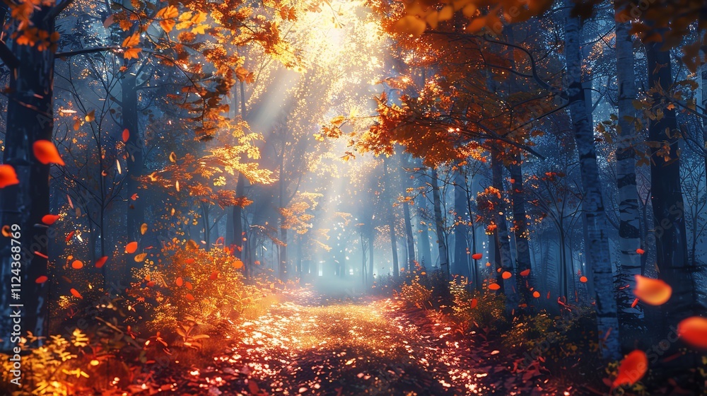 Fototapeta premium Softly colored autumn leaves gently falling in a quiet forest.