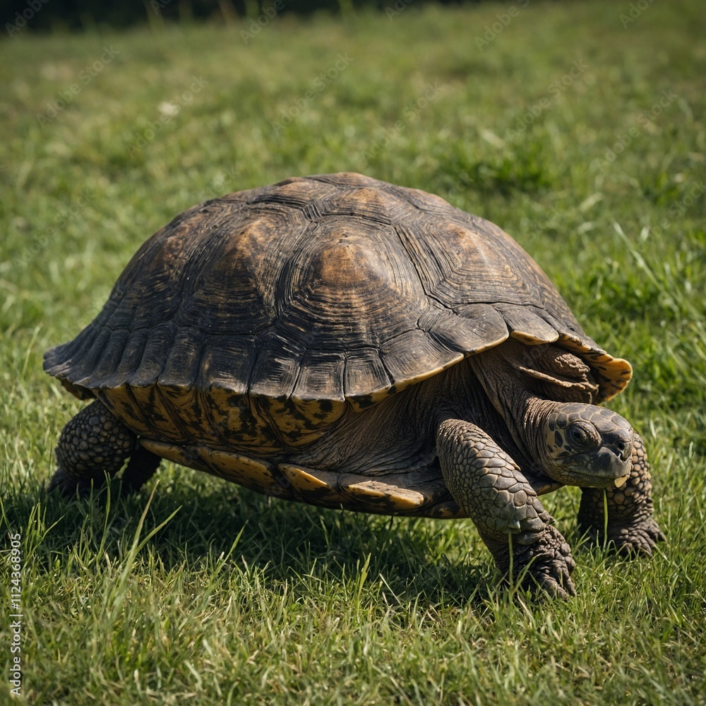 A wise tortoise slowly crossing a grassy field. A wise tortoise slowly crossing a grassy field.