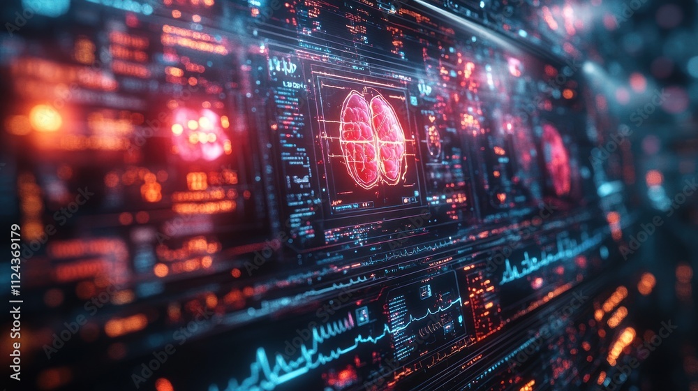 Futuristic digital interface displaying brain activity and data. Futuristic digital interface displaying brain activity and data.