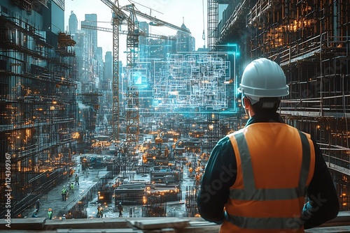 Construction Manager Reviewing Digital Schematics at Bustling Urban Worksite with Advanced ARVR Technology photo