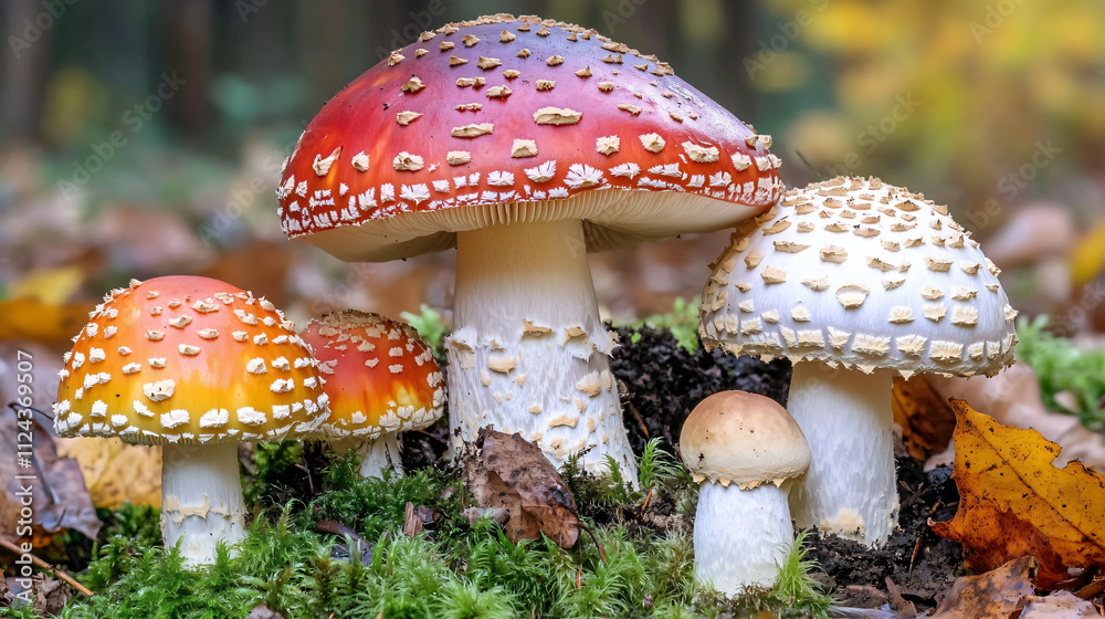 Obraz premium A close-up of different types of mushrooms growing in the forest, surrounded by moss and fallen leaves.