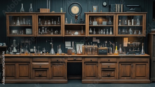 Vintage laboratory with glassware and wooden cabinetry.