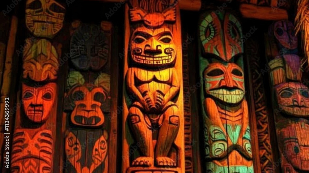Obraz premium A collection of wooden statues with faces on them