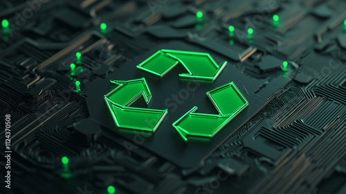 A vivid 3D recycling symbol in green, highlighted by luminous arrows that rotate around it, set against a dark, textured background with a tech-centric design. photo