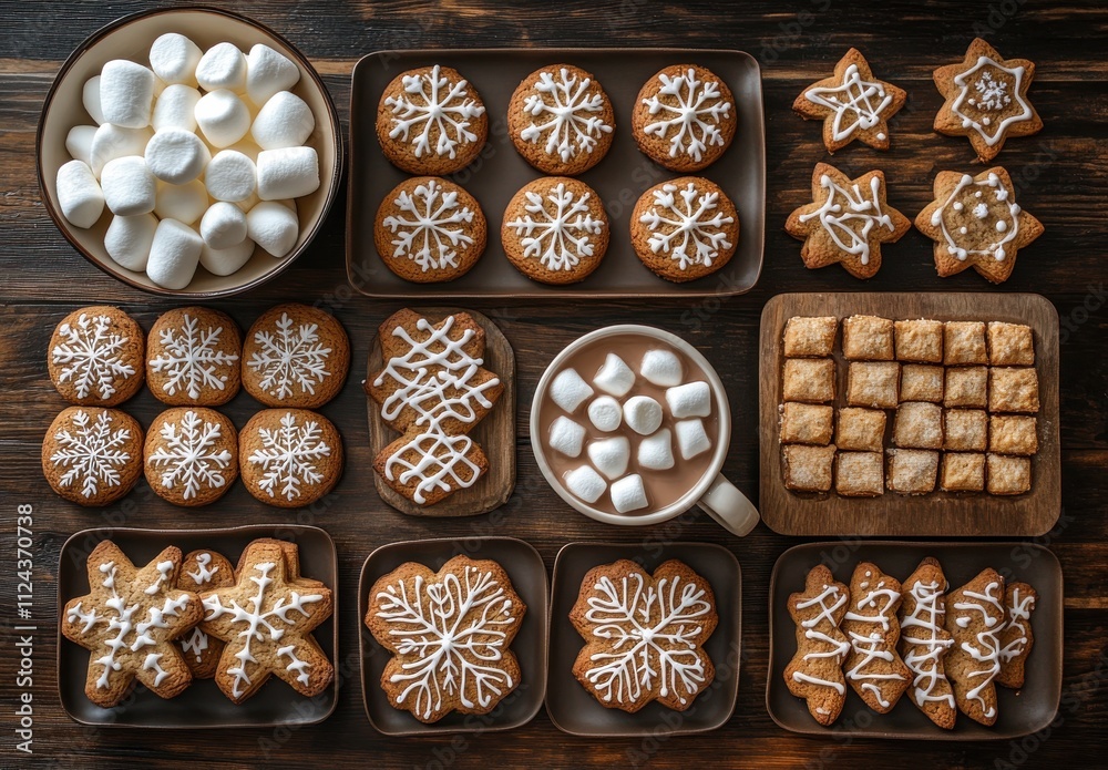 Festive Holiday Treats Display with Delicious Gingerbread Cookies, Marshmallows, and Sweet Confections Artfully Arranged on Rustic Wooden Table Festive Holiday Treats Display with Delicious Gingerbread Cookies, Marshmallows, and Sweet Confections Artfully Arranged on Rustic Wooden Table