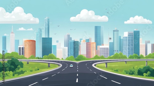 City and roads background illustration concept. Public park and town with sky background.Beautiful nature scene with road to city.