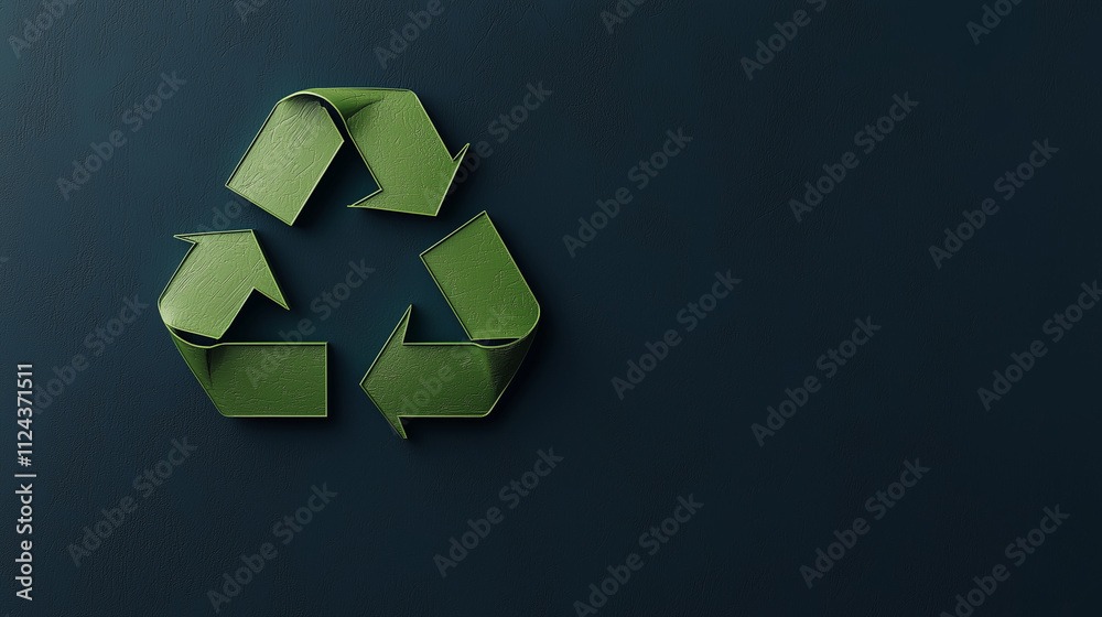 A minimalist design of a glowing green recycling symbol, sharply contrasted against a clean dark blue backdrop, representing modern sustainable solutions. A minimalist design of a glowing green recycling symbol, sharply contrasted against a clean dark blue backdrop, representing modern sustainable solutions.