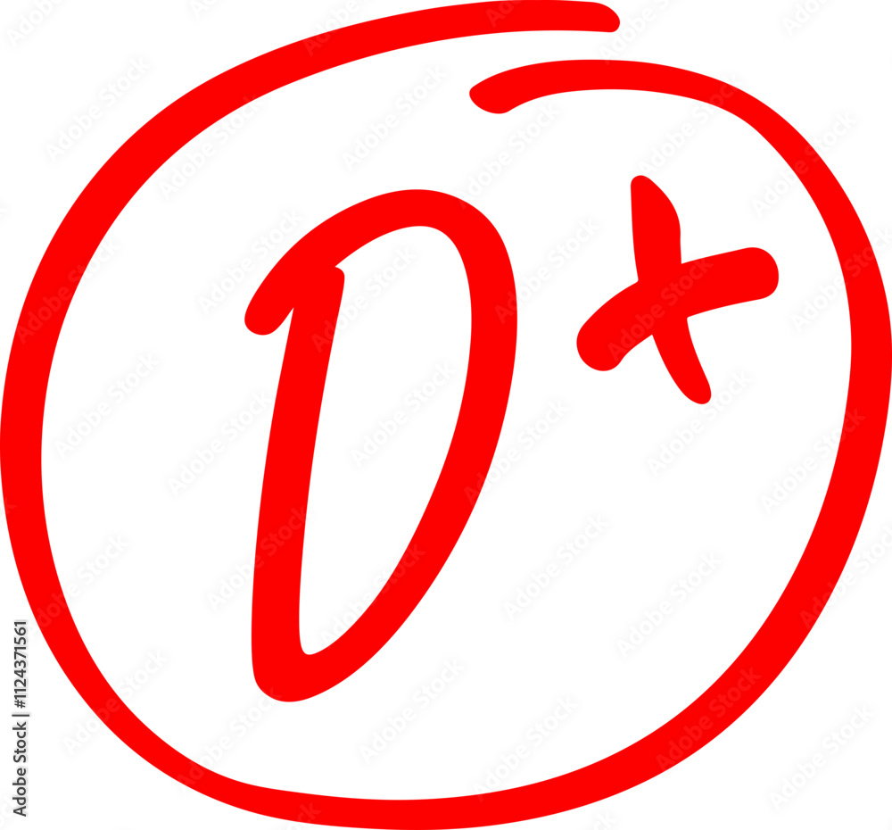 Fototapeta premium Exam score grade result D plus, hand drawn doodle test grade D plus