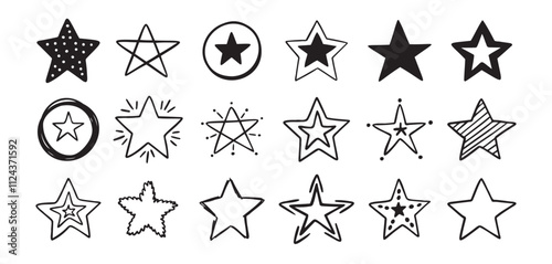 Hand drawn doodle stars set. different drawing stars isolated on white background.