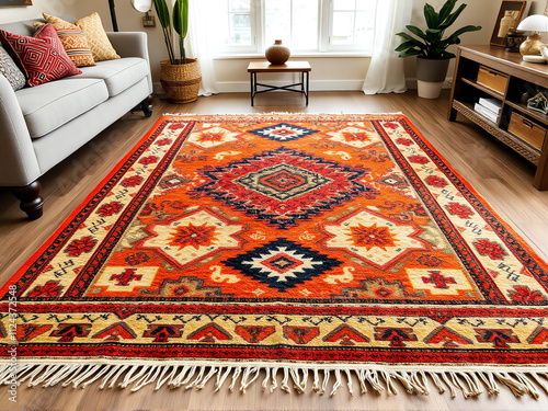 An orange and beige tribal design rug, showcasing intricate patterns and vibrant colors, enhancing the room's decor.