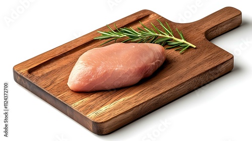 Raw pork chops and raw meat placed on a wooden board with fresh ingredients like tomato and parsley nearby photo