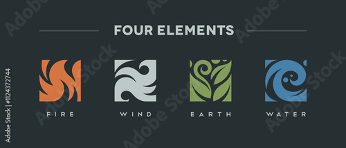 Four elements harmony astrology ecology fire water wind earth icons set vector logo