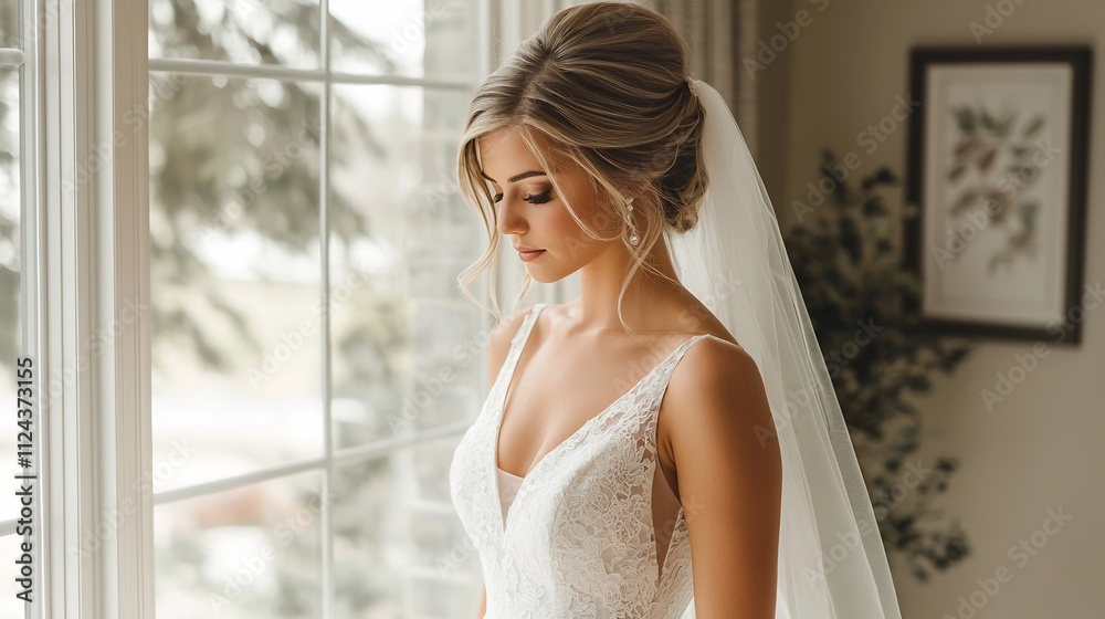 Serene and Elegant Bride in Minimalist A Line Wedding Dress Posing by Large Window with Soft Natural Light Streaming In Creating Ample Copy Space Around Subject